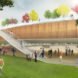 Rendering of people playing on the grass at the car park
