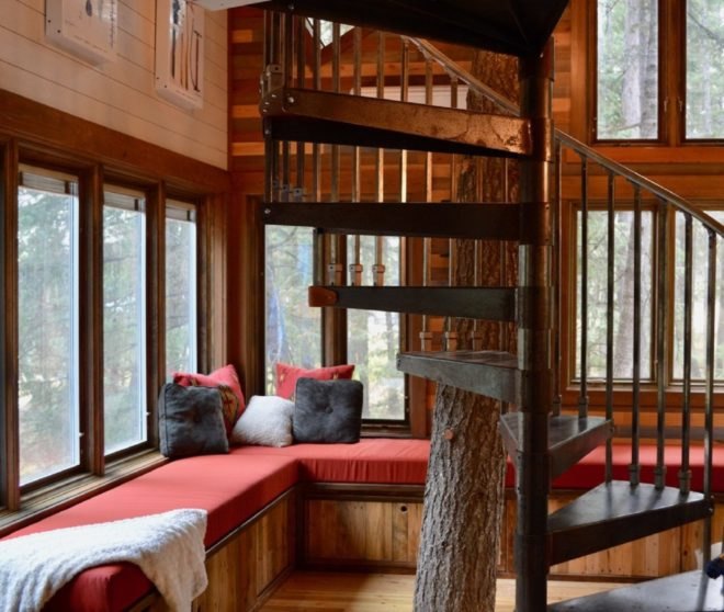 Montana Treehouse Retreat, treehouse, Montana, spiral staircase, green architecture, wooden deck, outdoor lifestyle, Douglas Firs, timber, timber architecture, retreat