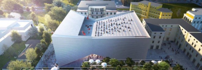 National Theater of Albania by Bjarke Ingels Group, urban renewal in Tirana, urban revitalization Tirana, Tirana national theater, theater architecture by BIG, bow tie-shaped architecture,