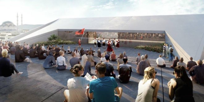 National Theater of Albania by Bjarke Ingels Group, urban renewal in Tirana, urban revitalization Tirana, Tirana national theater, theater architecture by BIG, bow tie-shaped architecture,