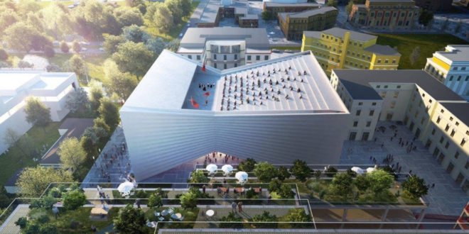 National Theater of Albania by Bjarke Ingels Group, urban renewal in Tirana, urban revitalization Tirana, Tirana national theater, theater architecture by BIG, bow tie-shaped architecture,