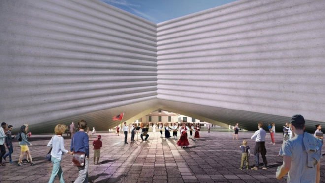 National Theater of Albania by Bjarke Ingels Group, urban renewal in Tirana, urban revitalization Tirana, Tirana national theater, theater architecture by BIG, bow tie-shaped architecture,