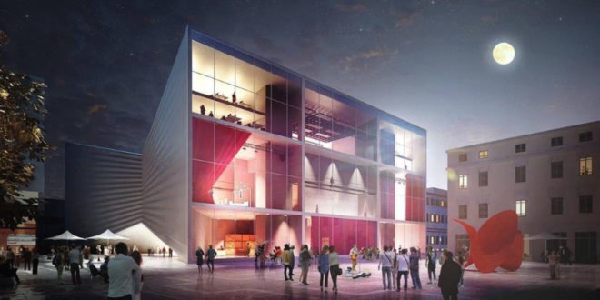 National Theater of Albania by Bjarke Ingels Group, urban renewal in Tirana, urban revitalization Tirana, Tirana national theater, theater architecture by BIG, bow tie-shaped architecture,