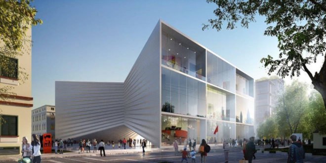 National Theater of Albania by Bjarke Ingels Group, urban renewal in Tirana, urban revitalization Tirana, Tirana national theater, theater architecture by BIG, bow tie-shaped architecture,