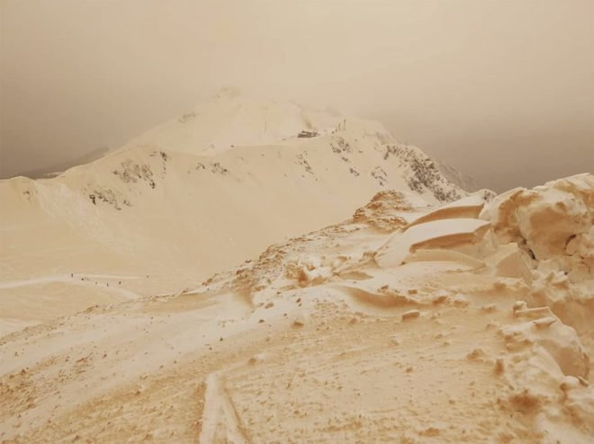 orange snow, orange mountains, snow, mountains