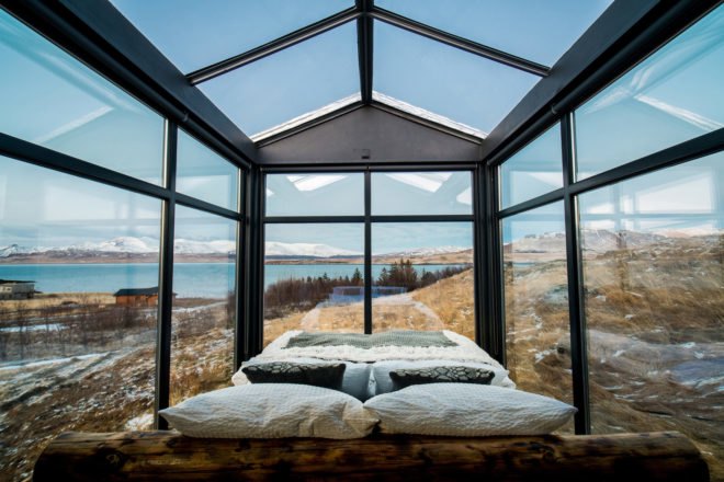 Panorama Glass Lodge, tiny house, Iceland, glass house, lodge, Reykjavík, green architecture, glass roof, natural light, Northern Lights, panoramic views