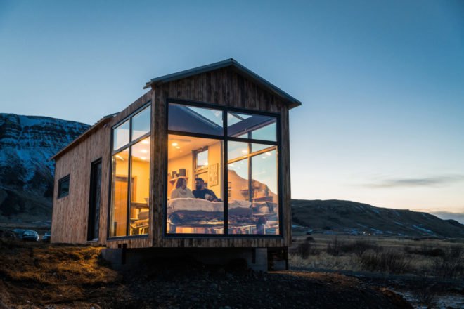 Panorama Glass Lodge, tiny house, Iceland, glass house, lodge, Reykjavík, green architecture, glass roof, natural light, Northern Lights, panoramic views
