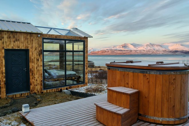 Panorama Glass Lodge, tiny house, Iceland, glass house, lodge, Reykjavík, green architecture, glass roof, natural light, Northern Lights, panoramic views