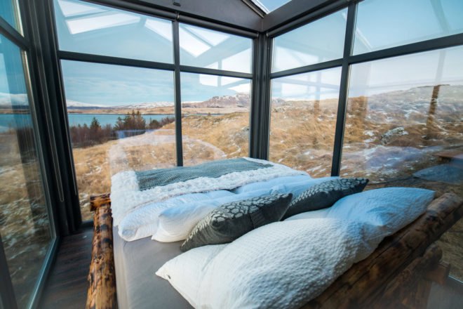 Panorama Glass Lodge, tiny house, Iceland, glass house, lodge, Reykjavík, green architecture, glass roof, natural light, Northern Lights, panoramic views