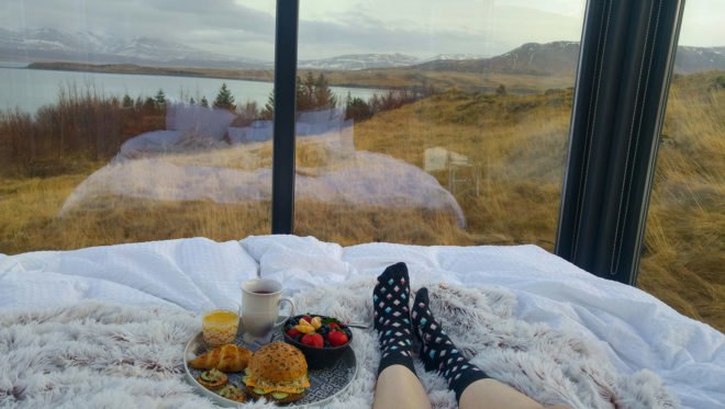 Panorama Glass Lodge, tiny house, Iceland, glass house, lodge, Reykjavík, green architecture, glass roof, natural light, Northern Lights, panoramic views