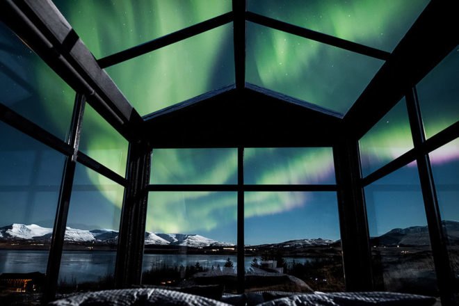 Panorama Glass Lodge, tiny house, Iceland, glass house, lodge, Reykjavík, green architecture, glass roof, natural light, Northern Lights, panoramic views