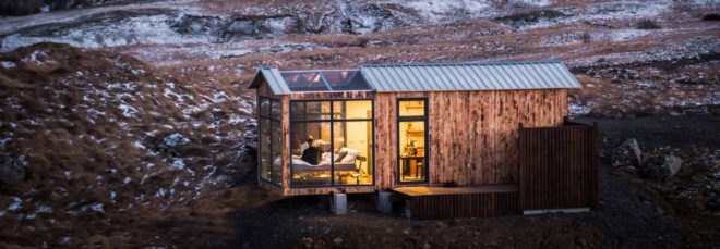 Panorama Glass Lodge, tiny house, Iceland, glass house, lodge, Reykjavík, green architecture, glass roof, natural light, Northern Lights, panoramic views