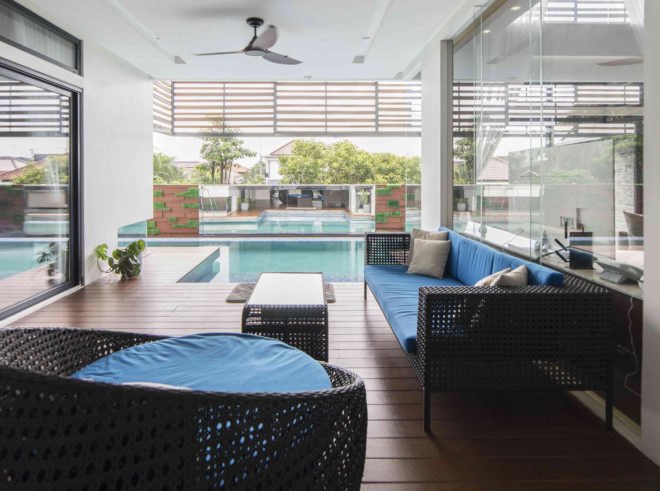 YN House, HYJA, swimming pool, Indonesia, natural ventilation, green architecture, wood grille, low maintenance, shading, green interior