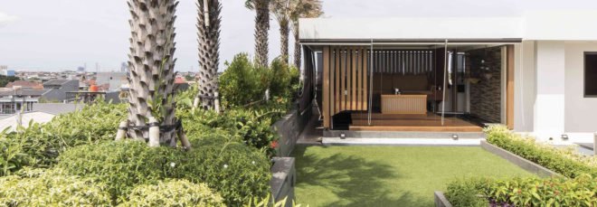 YN House, HYJA, swimming pool, Indonesia, natural ventilation, green architecture, wood grille, low maintenance, shading, green interior