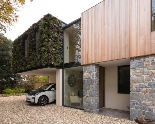 The Glade by DLM Architects, The Glade Guernsey, Guernsey contemporary architecture, Guernsey sustainable architecture, living wall clad home in Guernsey, recycled materials in home construction Guernsey, St Peter Port contemporary architecture,