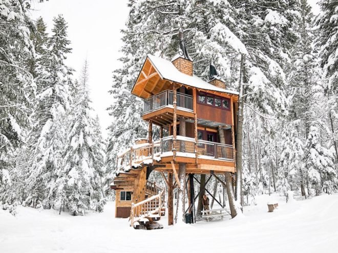 Montana Treehouse Retreat, treehouse, Montana, spiral staircase, green architecture, wooden deck, outdoor lifestyle, Douglas Firs, timber, timber architecture, retreat