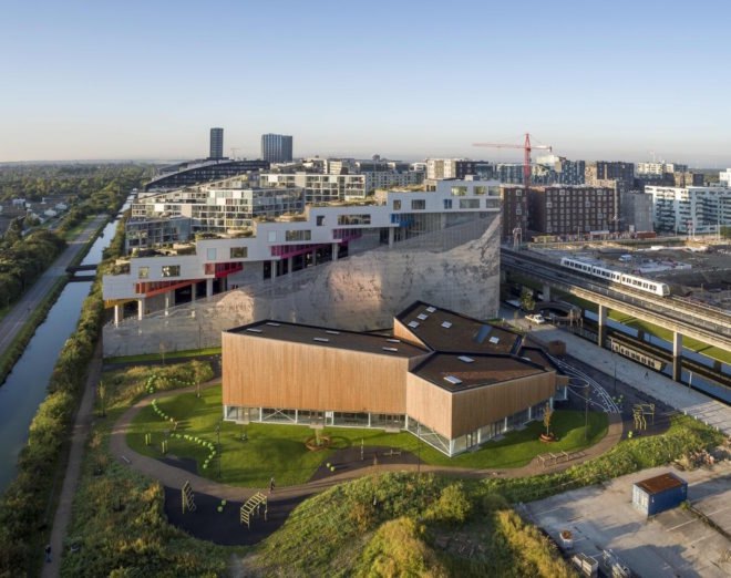 Ørestad City sports center by NORD Architects, Ørestad City sports facility, Ørestad City new architecture, green roofed sports center, timber clad architecture in Ørestad City, contemporary timber public architecture, Copenhagen sports center,