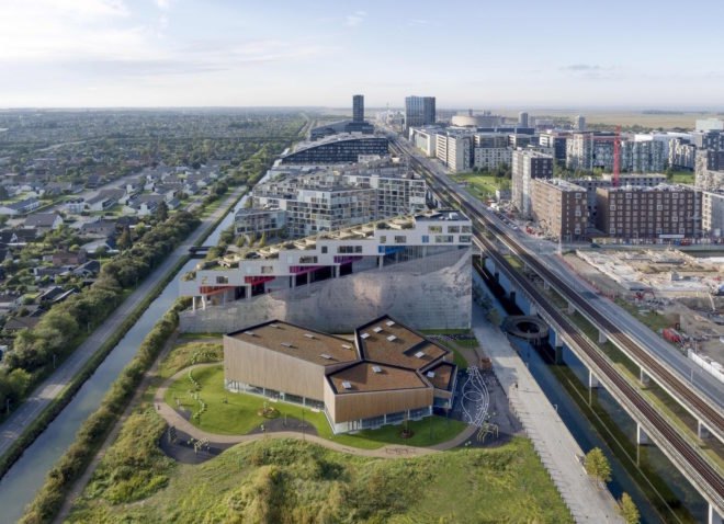 Ørestad City sports center by NORD Architects, Ørestad City sports facility, Ørestad City new architecture, green roofed sports center, timber clad architecture in Ørestad City, contemporary timber public architecture, Copenhagen sports center,