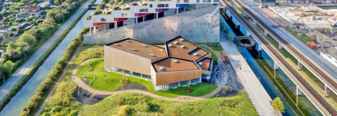 Ørestad City sports center by NORD Architects, Ørestad City sports facility, Ørestad City new architecture, green roofed sports center, timber clad architecture in Ørestad City, contemporary timber public architecture, Copenhagen sports center,