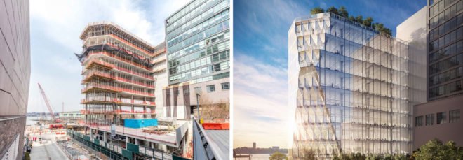 On the left, the building topped out. On the right, rendering of what the completed building will look like.
