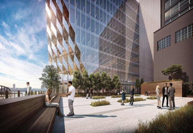Rendering of the building with people hanging out on one of the outdoor spaces.