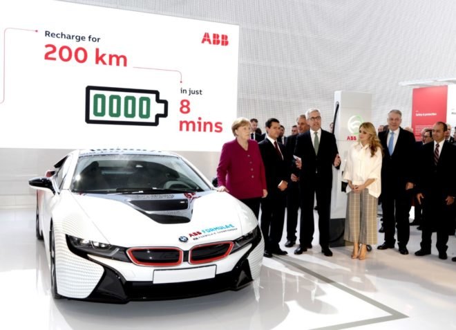 ABB demonstrates their Terra HP EV charger for German chancellor Angela Merkel and Mexican president Enrique Peña Nieto