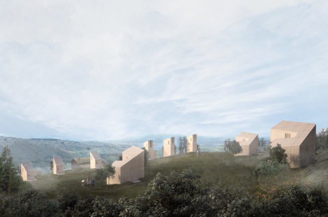 Breitenbach landscape hotel by Reiulf Ramstad Arkitekter, Breitenbach landscape hotel, Breitenbach hotel, Breitenbach cabin hotel, green roofed cabin hotel, Reiulf Ramstad Arkitekter hotel design, recycled timber cabin,