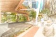 In this sketch, people stand on the sidewalk next to a road. Above the road, housing units are built similar to a bridge above the road.