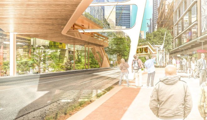 In this sketch, people stand on the sidewalk next to a road. Above the road, housing units are built similar to a bridge above the road.
