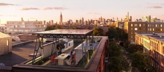 Rendering of the Solar Canopy, which is lofted above a rooftop dining area.
