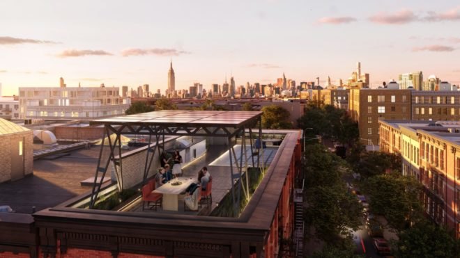 Rendering of the Solar Canopy, which is lofted above a rooftop dining area.