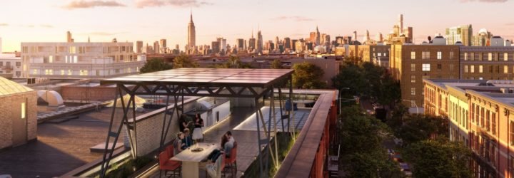 Rendering of the Solar Canopy, which is lofted above a rooftop dining area.