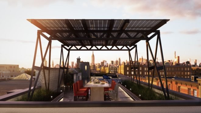 The Solar Canopy is lofted over a dining area in this rendering.