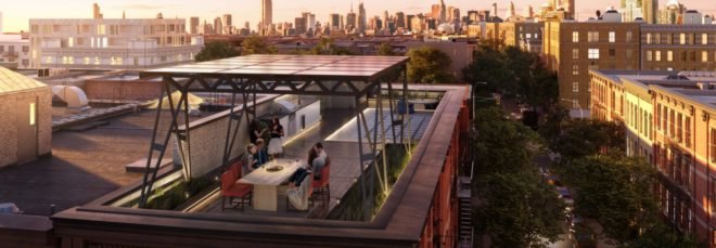 Rendering of the Solar Canopy, which is lofted above a rooftop dining area.