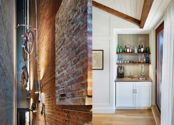The left image is of a hanging bike next to brick wall. The right image is of a small bar area.