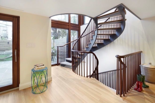A spiral staircase in the Brooklyn passive plus house.