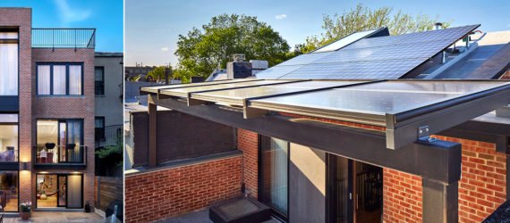 On the left, exterior image of the passive plus house. On the right, image of the solar panels on the home.