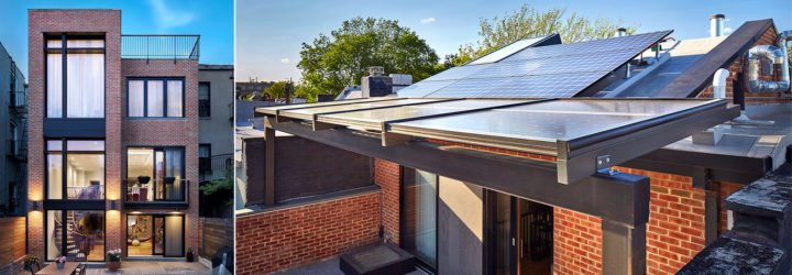 On the left, exterior image of the passive plus house. On the right, image of the solar panels on the home.