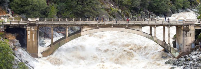 Flood under the Old Route 49 bridge crossing over the South Yuba River in Nevada City, California
