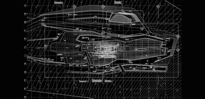 Intricate black and white drawing of the home's design.