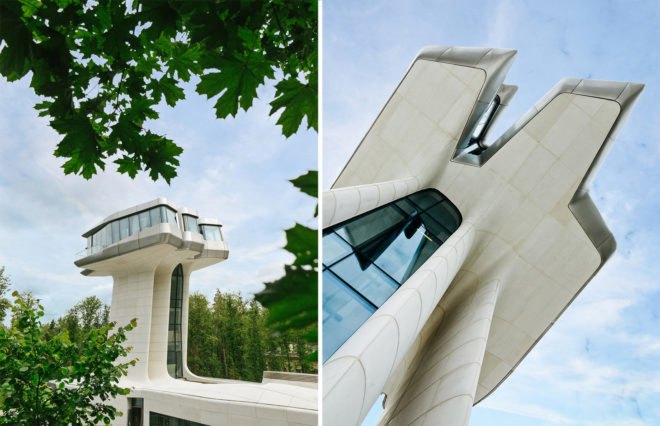 Side-by-side images. On the left, image shot looking through some leaves at the tower part of the home. On the right, an image captured looking up at the tower.