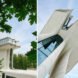 Side-by-side images. On the left, image shot looking through some leaves at the tower part of the home. On the right, an image captured looking up at the tower.