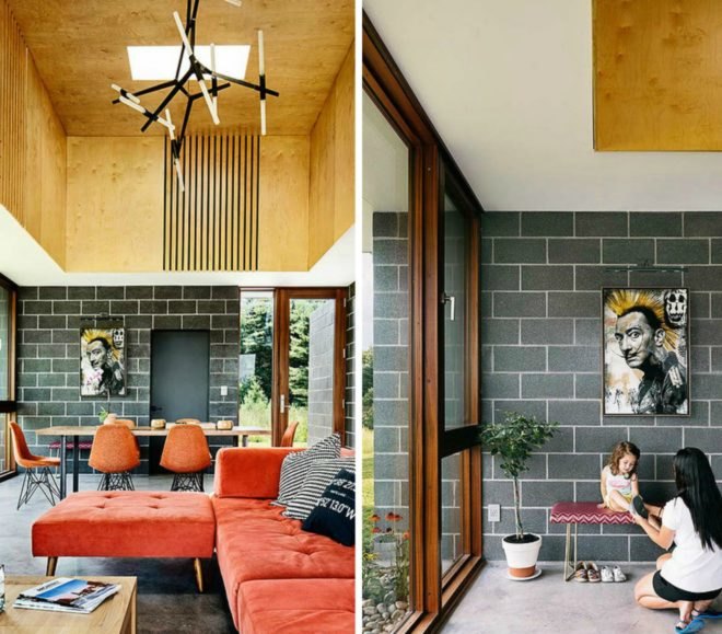 A side-by-side image. On the left image, there is an orange sectional couch with black and white pillows. On the right image, a mother helps her child put on shoes.