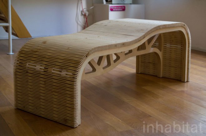 D.01 by Davide Montanaro is a curvy wooden bench.