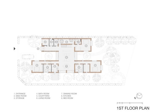 Dong Anh House by Vo Trong Nghia Architects, Dong Anh House in Hanoi, Dong Anh House in Vietnam, rammed earth modern architecture, rammed earth architecture in Hanoi, rammed earth housing in Vietnam, contemporary rammed earth house, fruit trees on a roof,