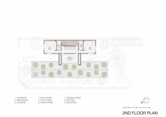 Dong Anh House by Vo Trong Nghia Architects, Dong Anh House in Hanoi, Dong Anh House in Vietnam, rammed earth modern architecture, rammed earth architecture in Hanoi, rammed earth housing in Vietnam, contemporary rammed earth house, fruit trees on a roof,