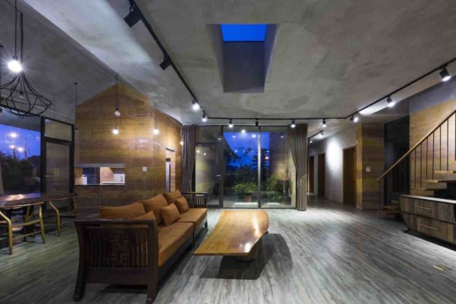 Dong Anh House by Vo Trong Nghia Architects, Dong Anh House in Hanoi, Dong Anh House in Vietnam, rammed earth modern architecture, rammed earth architecture in Hanoi, rammed earth housing in Vietnam, contemporary rammed earth house, fruit trees on a roof,