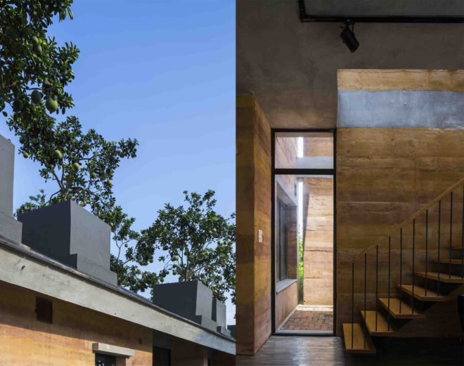 Dong Anh House by Vo Trong Nghia Architects, Dong Anh House in Hanoi, Dong Anh House in Vietnam, rammed earth modern architecture, rammed earth architecture in Hanoi, rammed earth housing in Vietnam, contemporary rammed earth house, fruit trees on a roof,