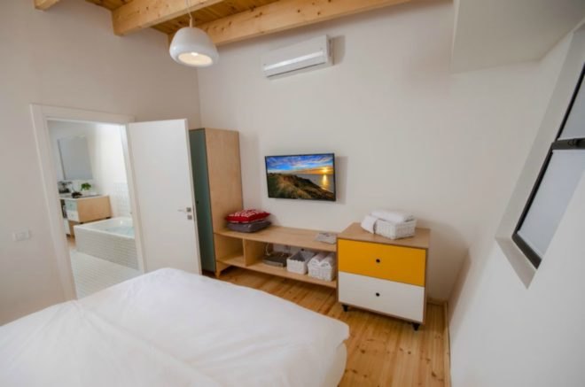 This layout includes a separate bedroom. The bed faces a wall storage space and a wall-mounted television.