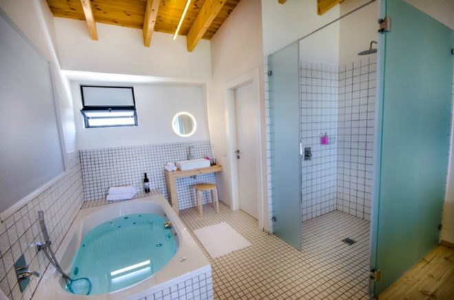 The bathroom includes a large shower, a separate hot tub, and a closed off room for the toilet.